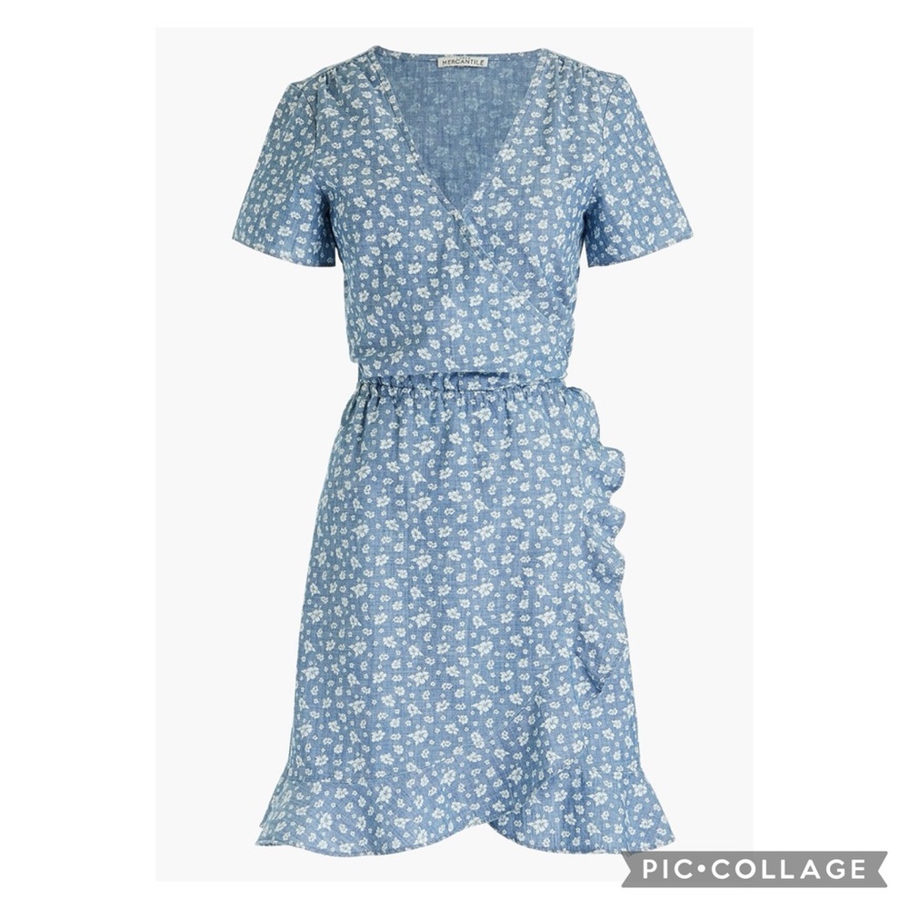 EUC J. Crew Mercantile Ditsy Floral Printed Chambray Ruffle Faux Wrap Dress